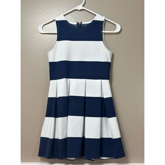 NWOT Ralph Lauren Polo Fit & Flare Nautical Stripes Navy Dress Girl's Medium - Picture 2 of 13